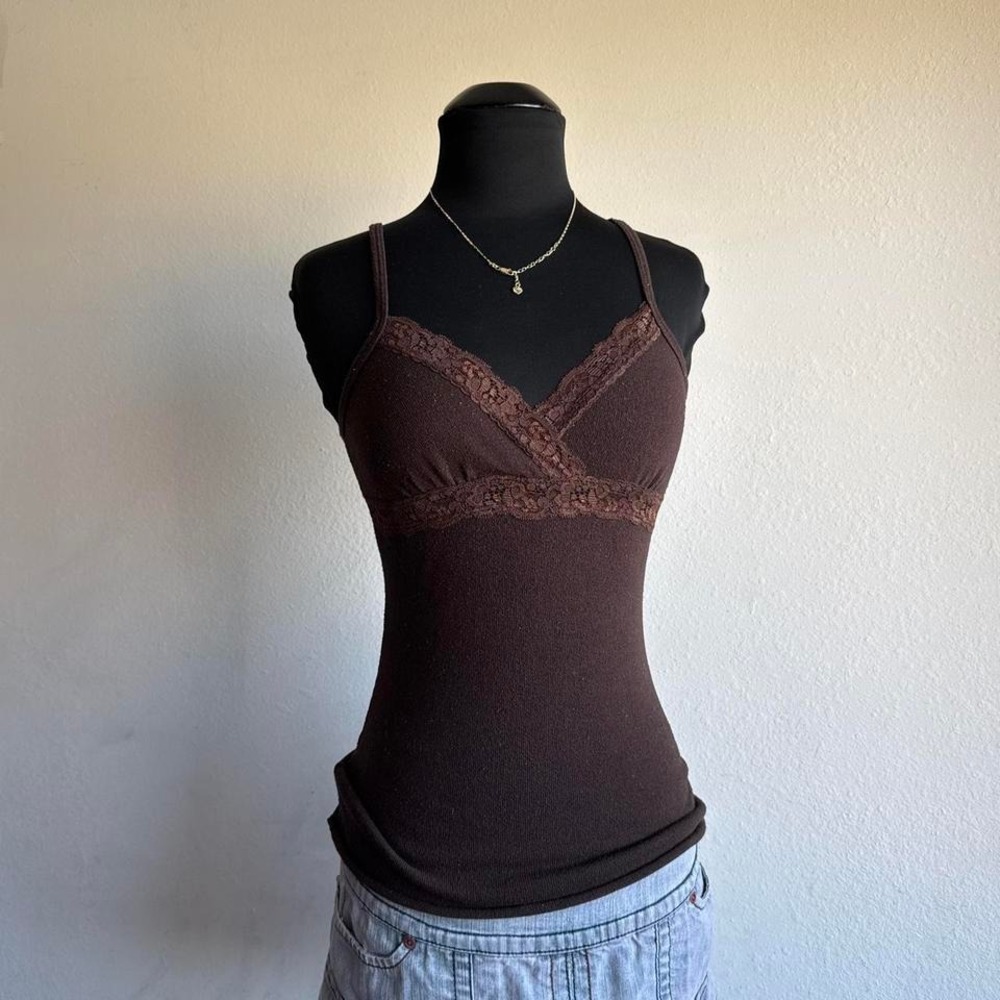 Love Kiss dark chocolate brown lace trim cami fitted stretchy y2k coquette soft